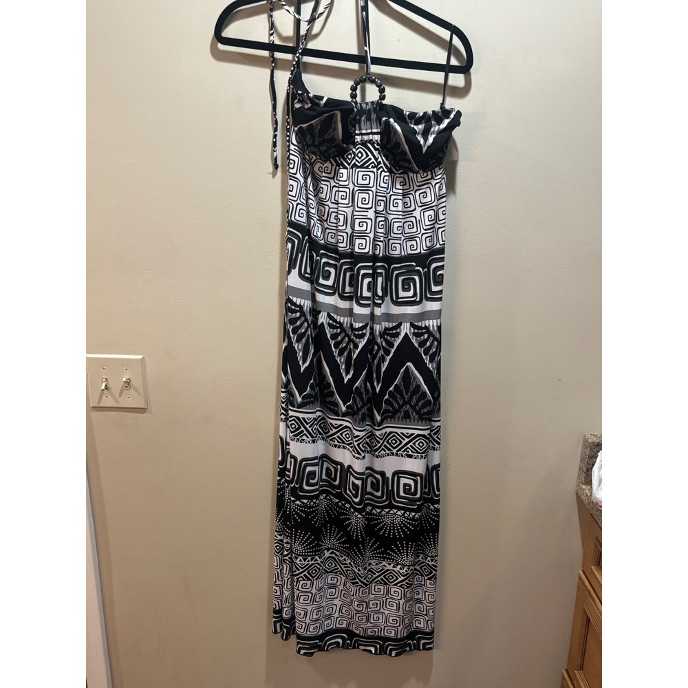 NWT Carole Little Maxi Dress Size 10 Halter Beaded Black White Geometric Pattern